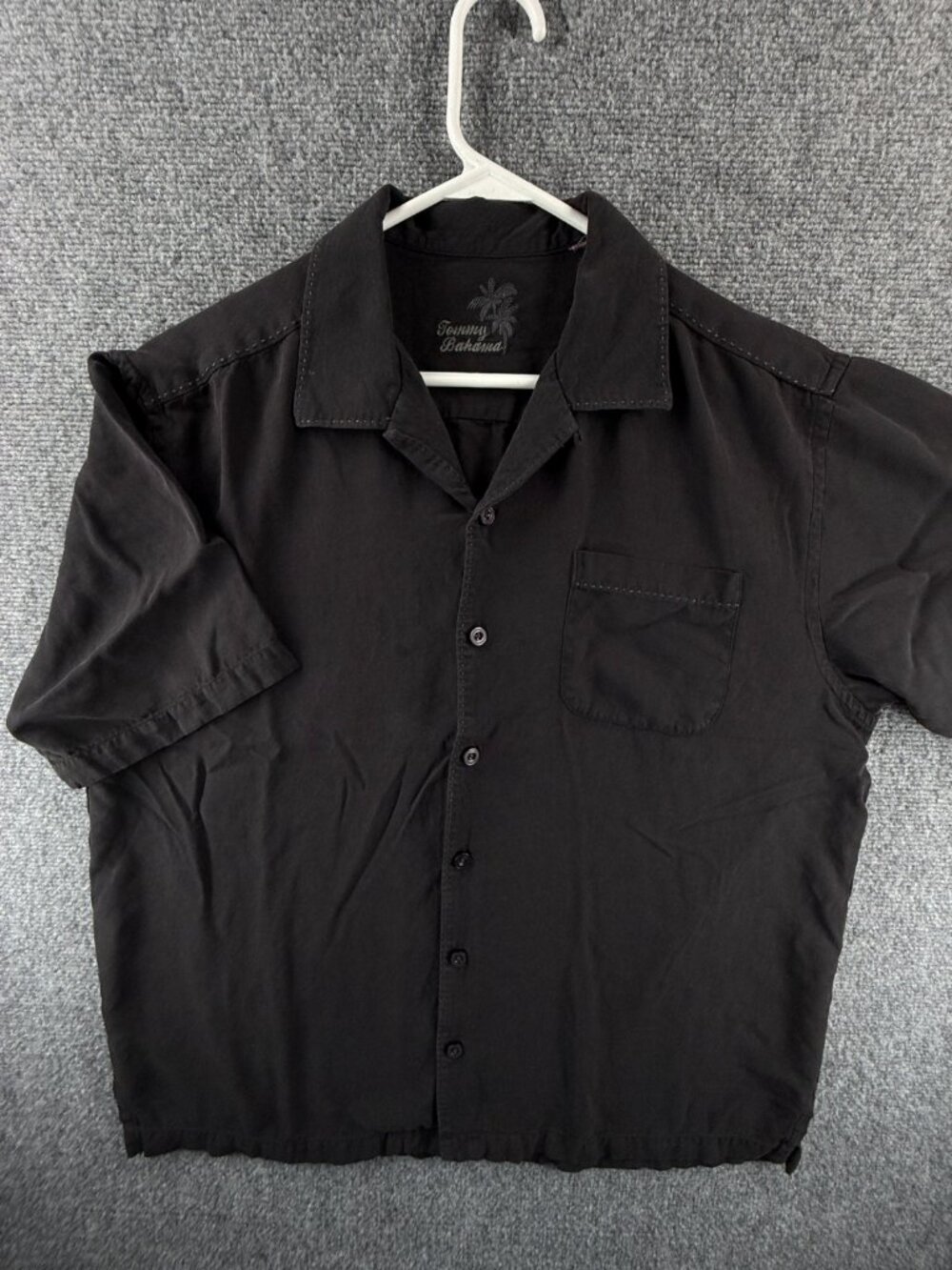 Tommy Bahama Large All Silk Short Sleeve Black Pocket Resort Solid Shirt Men